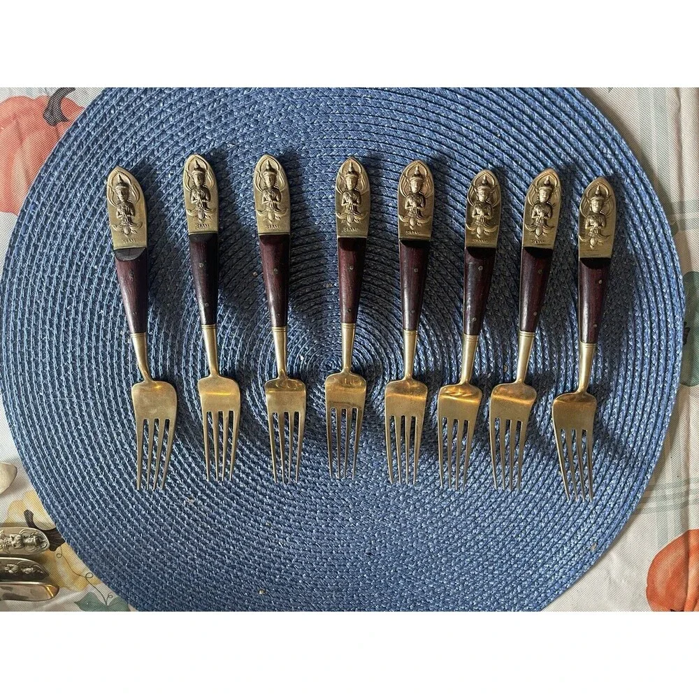Flatware Set Serving For 8 VTG MCM Mid Century Brass Teak Rosewood Dessert Thai